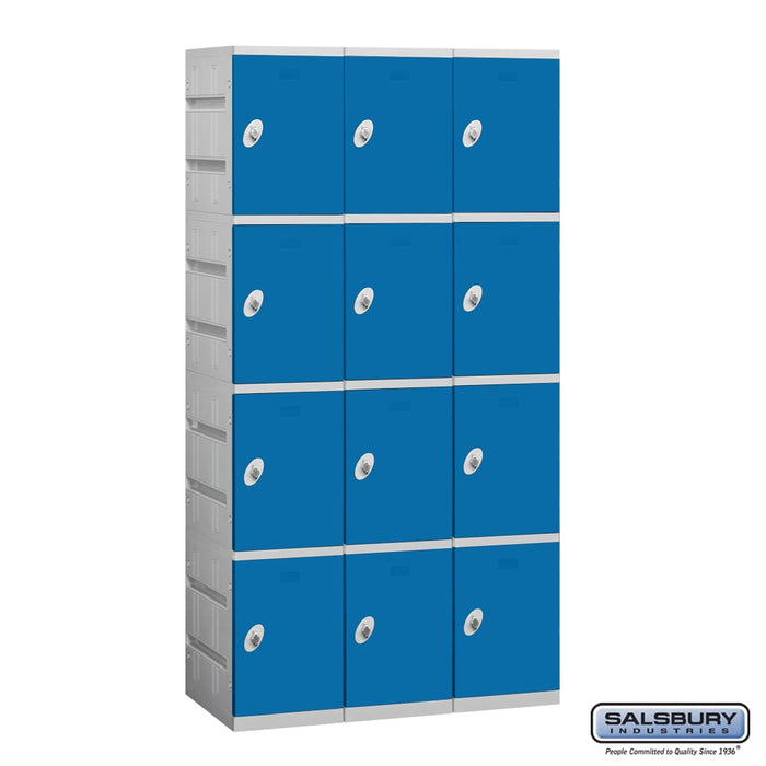 Salsbury 12" Wide Four Tier Plastic Locker - 3 Wide - 6 Feet High - 18 Inches Deep - Blue - Unassembled - Sweatfully