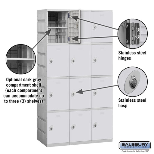 Salsbury 12" Wide Four Tier Plastic Locker - 3 Wide - 6 Feet High - 18 Inches Deep - Gray - Assembled - Sweatfully