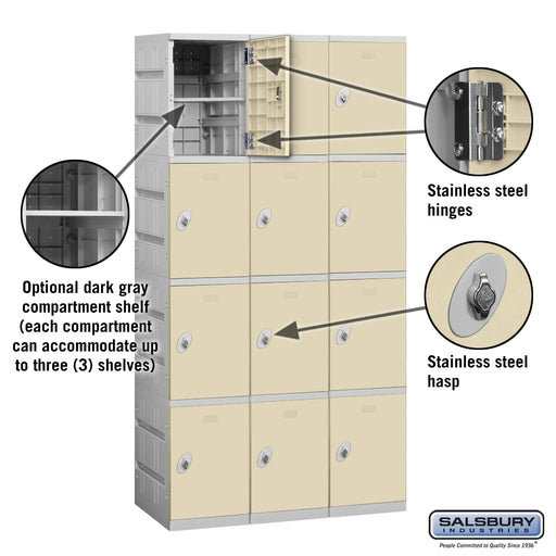 Salsbury 12" Wide Four Tier Plastic Locker - 3 Wide - 6 Feet High - 18 Inches Deep - Tan - Unassembled - Sweatfully