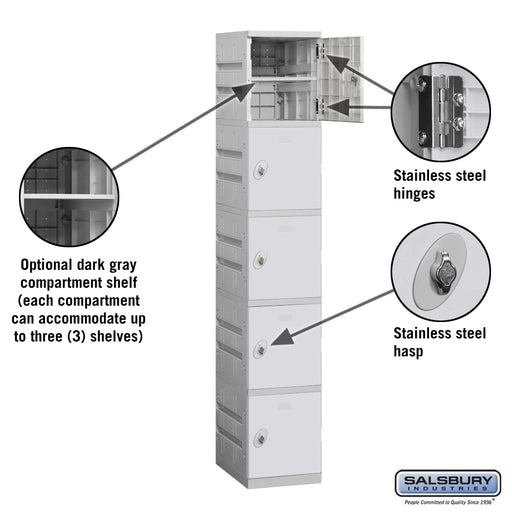 Salsbury 12" Wide Five Tier Plastic Locker - 1 Wide - 6 Feet High - 18 Inches Deep - Gray - Unassembled - Sweatfully