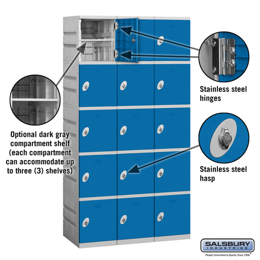 Salsbury 12" Wide Five Tier Plastic Locker - 3 Wide - 6 Feet High - 18 Inches Deep - Blue - Assembled - Sweatfully