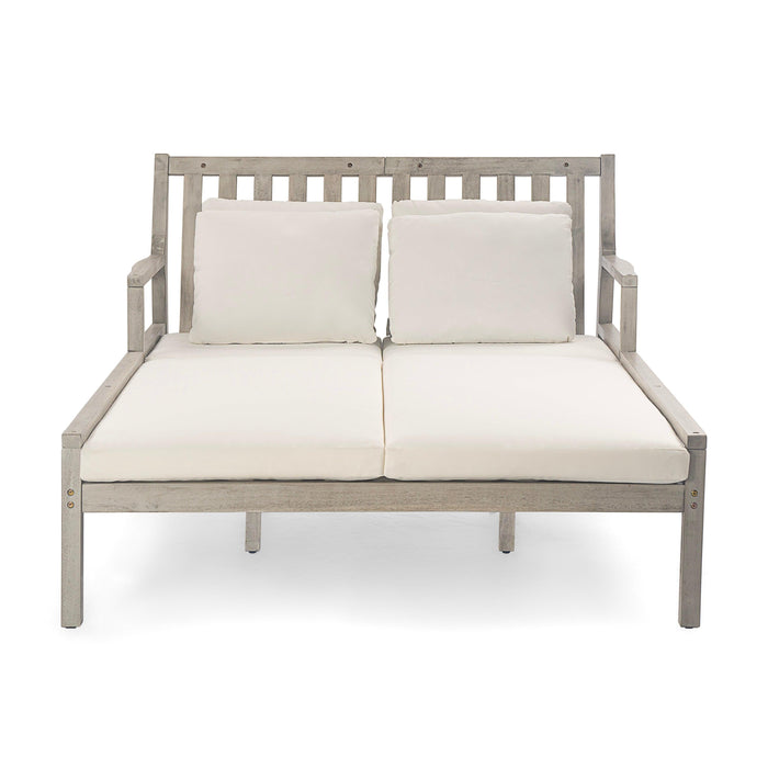 Outdoor Daybed, Patio Daybed with Four Pillows, Wooden Outdoor Bed with Curved Armrests for Poolside, Backyard, Garden - Sweatfully