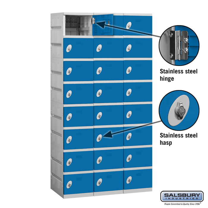 Salsbury 12" Wide Eight Tier Plastic Locker - 3 Wide - 6 Feet High - 18 Inches Deep - Blue - Assembled - Sweatfully