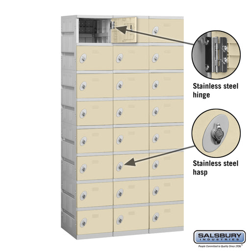 Salsbury 12" Wide Eight Tier Plastic Locker - 3 Wide - 6 Feet High - 18 Inches Deep - Tan - Assembled - Sweatfully