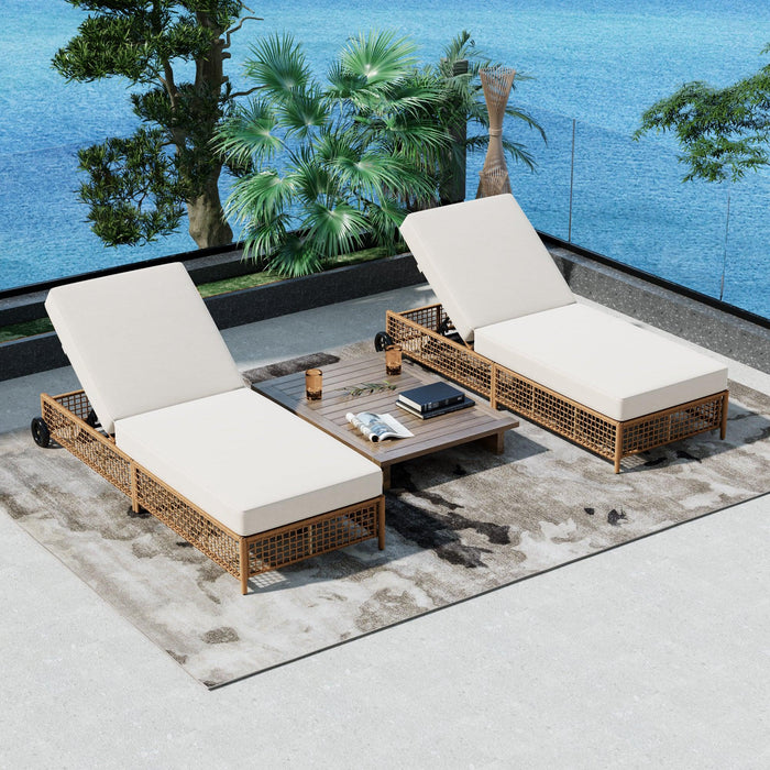 Outdoor Lounge Chair, Patio Chaise Lounge with 5-Position Backrest, Rattan Outdoor Lounge Chair with Cushion and Wheels for Poolside, Backyard, Garden - Sweatfully