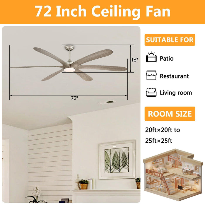 72" Jaydn Farmhouse Satin Nickel DC Motor Downrod Mount Reversible Ceiling Fan with Lighting and Remote Control - Sweatfully