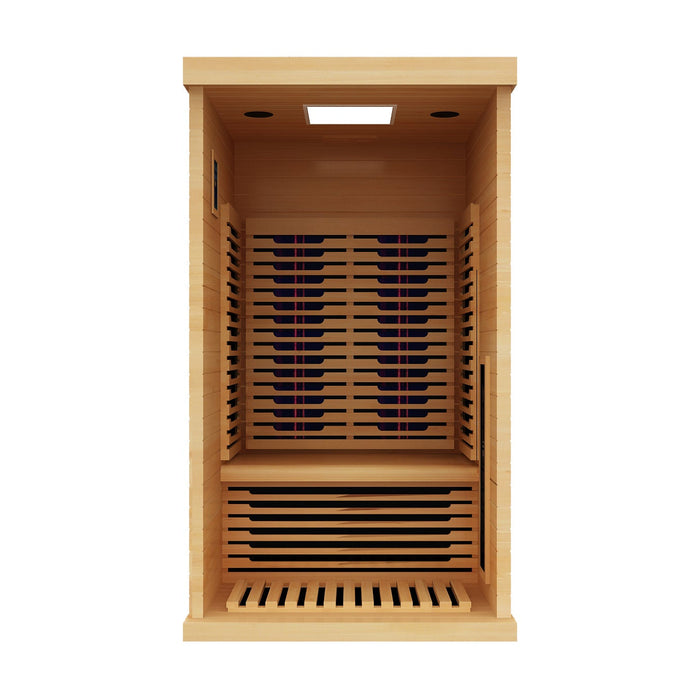Peak Saunas Shasta 1-Person Indoor Full Spectrum Infrared Sauna with XL Medical-Grade Red Light Therapy & Smart WiFi App Control - Sweatfully