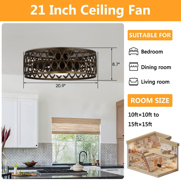 21" Kanpur Farmhouse Flush Mount Reversible Ceiling Fan with LED Lighting and Remote Control - Sweatfully
