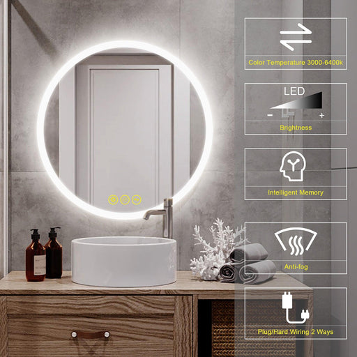 SmartReflect Modern Round LED Dimmable Anti-Fog Frameless Bathroom Vanity Mirror - Sweatfully