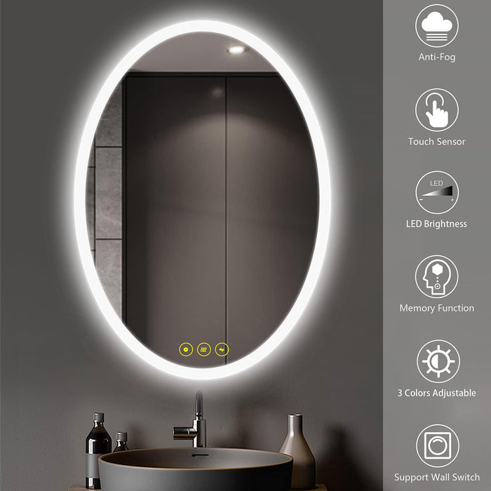 LuminaMirror Oval Frameless LED Anti-Fog Dimmable Bathroom Vanity Mirror - Sweatfully