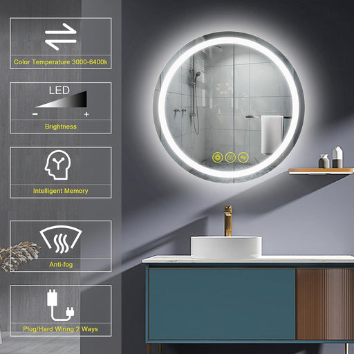 SmartShine Contemporary LED Dimmable Round Anti-Fog Backlit Bathroom Vanity Mirror - Sweatfully
