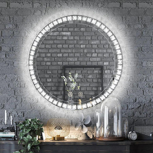 Sparkle Vision round 24 in LED Wall-Mounted Frameless Bathroom Vanity Mirror with Anti-Fog,Smart Dimmable and 3 LED Color - Sweatfully