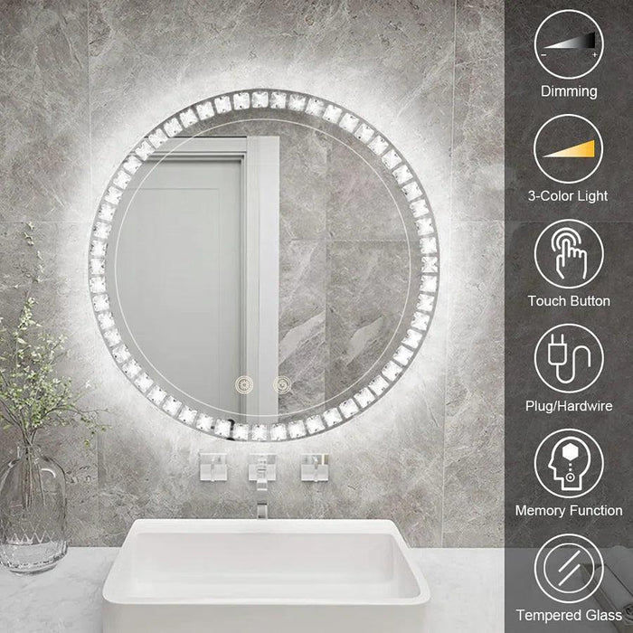 Sparkle Vision round 24 in LED Wall-Mounted Frameless Bathroom Vanity Mirror with Anti-Fog,Smart Dimmable and 3 LED Color - Sweatfully
