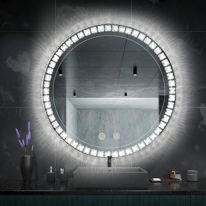 Sparkle Vision round 24 in LED Wall-Mounted Frameless Bathroom Vanity Mirror with Anti-Fog,Smart Dimmable and 3 LED Color - Sweatfully