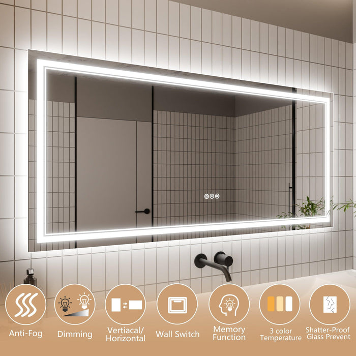 GlareGuard Anti-Fog Bathroom Dimmable Led Mirror Backlit Illuminated Mirror Touch Switch - Sweatfully