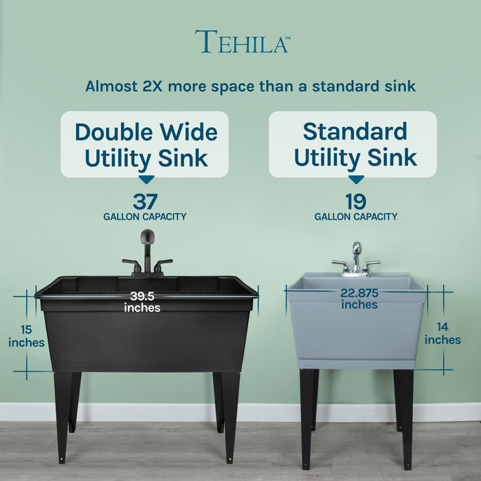 Tehila Freestanding Double-Wide Black Utility Sink with Steel Legs & Black Pull-Out Faucet, Multi-Purpose Heavy-Duty Laundry Tub and Kitchen Sink for Homes & Business - Sweatfully