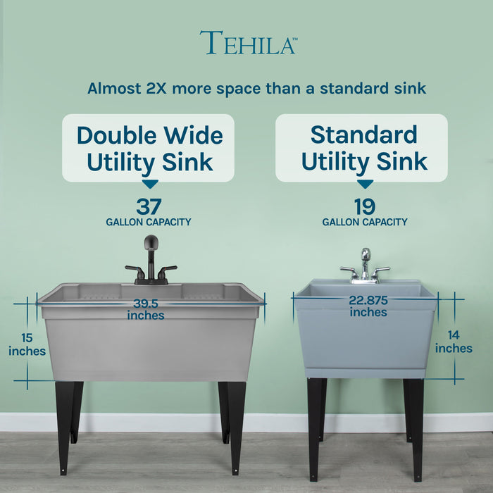 Tehila Freestanding Double-Wide Grey Utility Sink with Steel Legs & Black Pull-Out Faucet, Multi-Purpose Heavy-Duty Laundry Tub and Kitchen Sink for Homes & Business - Sweatfully