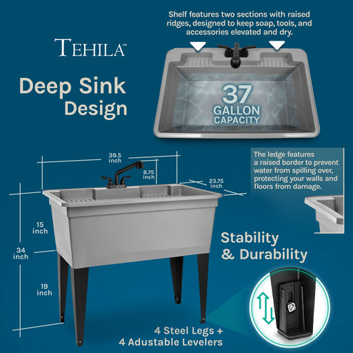 Tehila Freestanding Double-Wide Grey Utility Sink with Steel Legs & Black Pull-Out Faucet, Multi-Purpose Heavy-Duty Laundry Tub and Kitchen Sink for Homes & Business - Sweatfully