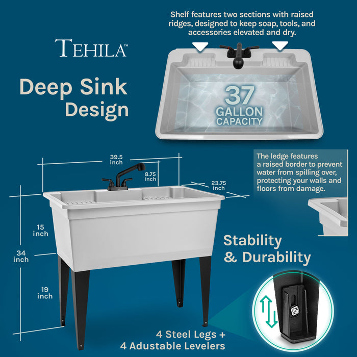 Tehila Freestanding Double-Wide White Utility Sink with Steel Legs & Black Pull-Out Faucet, Multi-Purpose Heavy-Duty Laundry Tub and Kitchen Sink for Homes & Business - Sweatfully