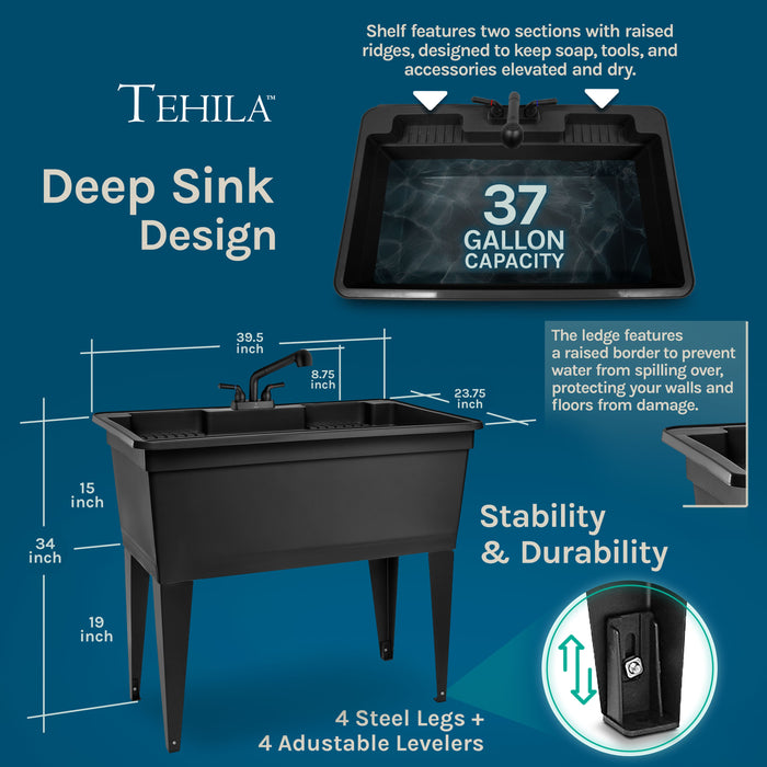 Tehila Freestanding Double-Wide Black Utility Sink with Steel Legs & Black Pull-Out Faucet, Multi-Purpose Heavy-Duty Laundry Tub and Kitchen Sink for Homes & Business - Sweatfully