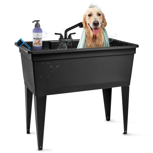 Tehila Freestanding Double-Wide Black Utility Sink with Steel Legs & Black Pull-Out Faucet, Multi-Purpose Heavy-Duty Laundry Tub and Kitchen Sink for Homes & Business - Sweatfully