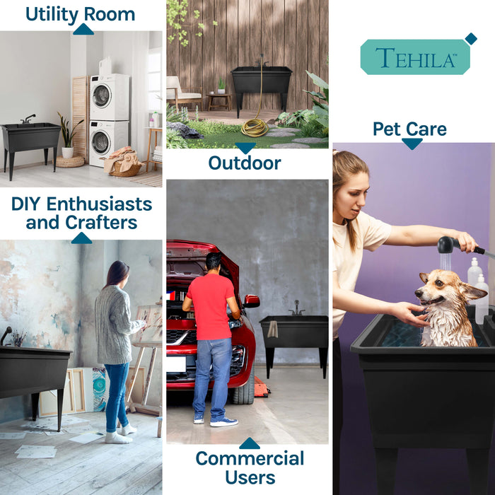 Tehila Freestanding Double-Wide Black Utility Sink with Steel Legs & Black Pull-Out Faucet, Multi-Purpose Heavy-Duty Laundry Tub and Kitchen Sink for Homes & Business - Sweatfully