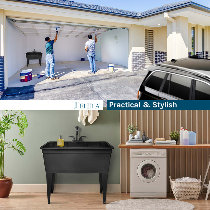 Tehila Freestanding Double-Wide Black Utility Sink with Steel Legs & Black Pull-Out Faucet, Multi-Purpose Heavy-Duty Laundry Tub and Kitchen Sink for Homes & Business - Sweatfully
