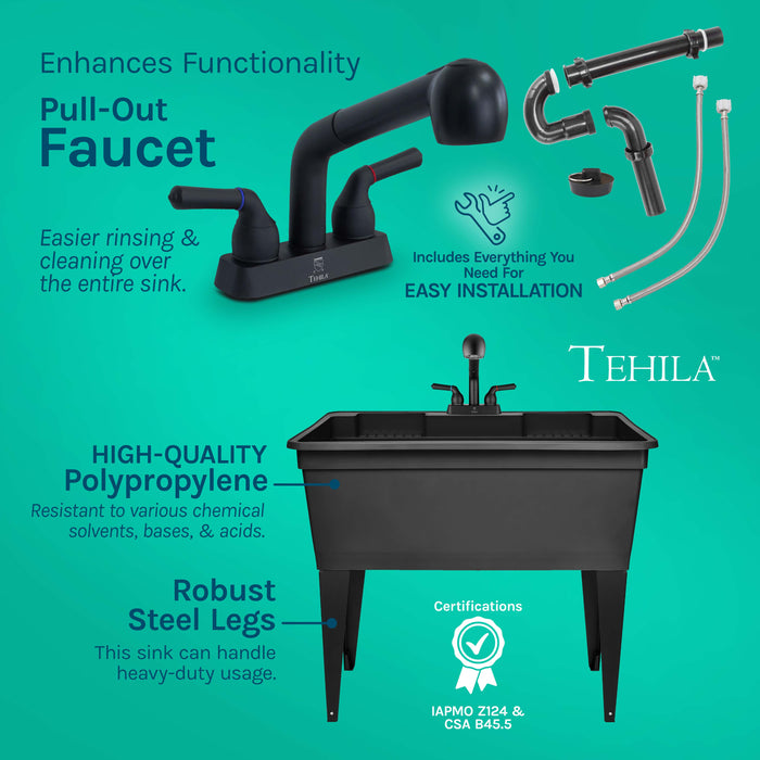 Tehila Freestanding Double-Wide Black Utility Sink with Steel Legs & Black Pull-Out Faucet, Multi-Purpose Heavy-Duty Laundry Tub and Kitchen Sink for Homes & Business - Sweatfully