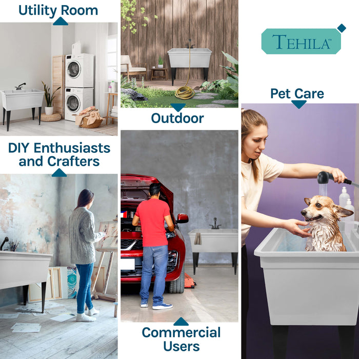 Tehila Freestanding Double-Wide White Utility Sink with Steel Legs & Black Pull-Out Faucet, Multi-Purpose Heavy-Duty Laundry Tub and Kitchen Sink for Homes & Business - Sweatfully