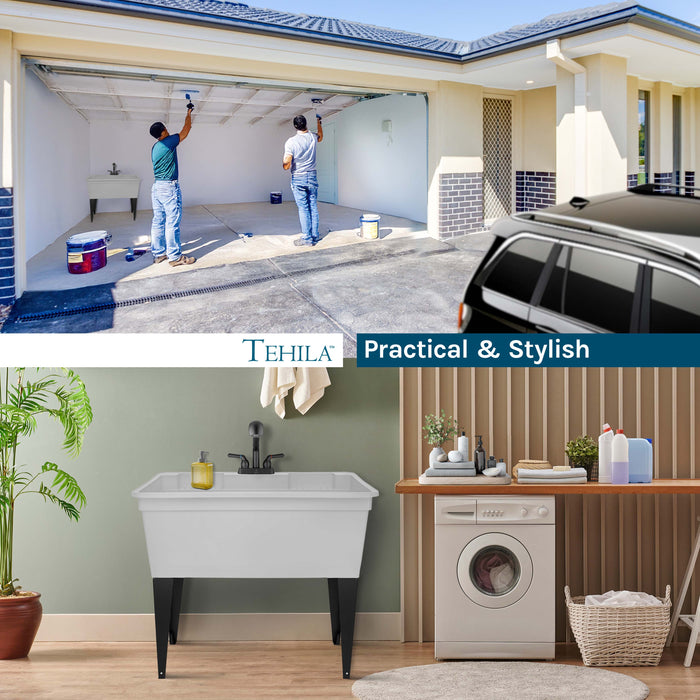 Tehila Freestanding Double-Wide White Utility Sink with Steel Legs & Black Pull-Out Faucet, Multi-Purpose Heavy-Duty Laundry Tub and Kitchen Sink for Homes & Business - Sweatfully