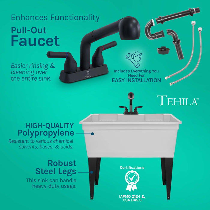 Tehila Freestanding Double-Wide White Utility Sink with Steel Legs & Black Pull-Out Faucet, Multi-Purpose Heavy-Duty Laundry Tub and Kitchen Sink for Homes & Business - Sweatfully