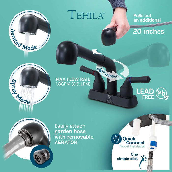 Tehila Freestanding Double-Wide White Utility Sink with Steel Legs & Black Pull-Out Faucet, Multi-Purpose Heavy-Duty Laundry Tub and Kitchen Sink for Homes & Business - Sweatfully