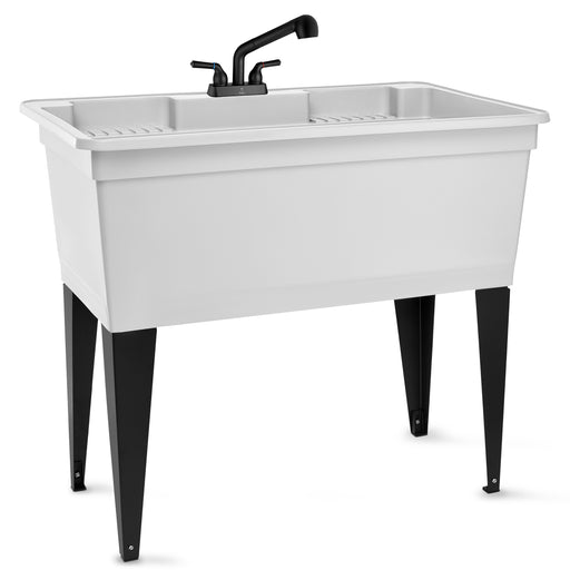 Tehila Freestanding Double-Wide White Utility Sink with Steel Legs & Black Pull-Out Faucet, Multi-Purpose Heavy-Duty Laundry Tub and Kitchen Sink for Homes & Business - Sweatfully