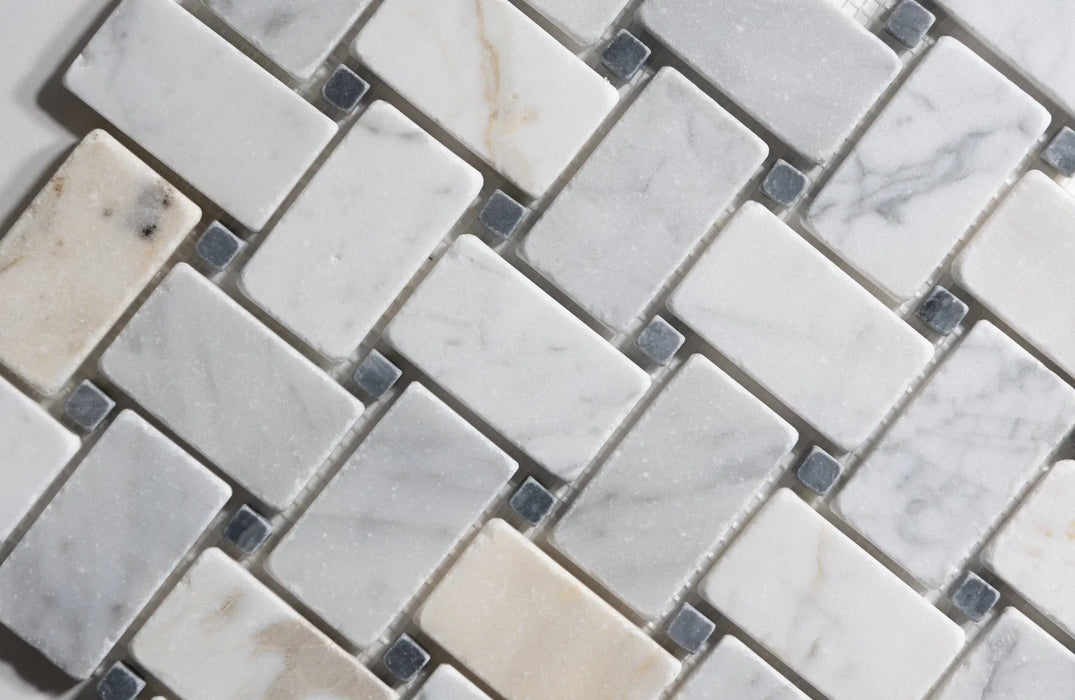 Antique Carrara Tumbled Basketweave Mosaic Marble Tile - Sweatfully