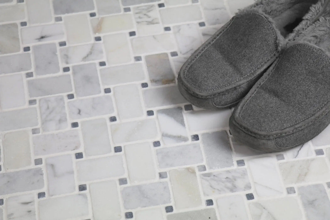 Antique Carrara Tumbled Basketweave Mosaic Marble Tile - Sweatfully