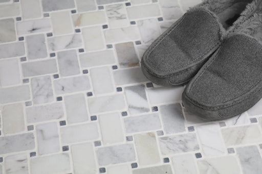 Antique Carrara Tumbled Basketweave Mosaic Marble Tile - Sweatfully