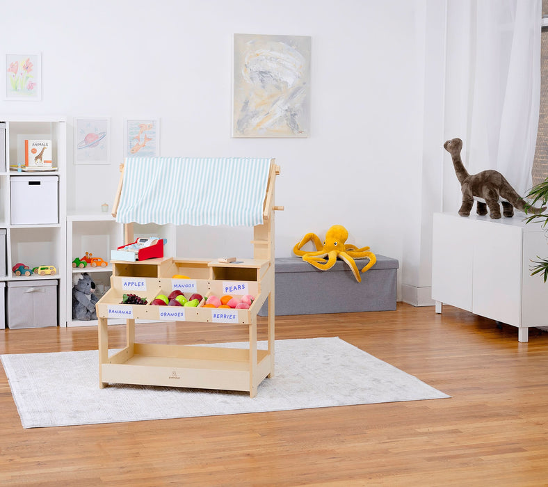 Cypress Wooden Market Stand – Pretend Play Shop for Kids with Storage - Sweatfully