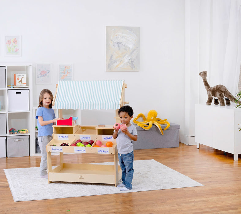 Cypress Wooden Market Stand – Pretend Play Shop for Kids with Storage - Sweatfully