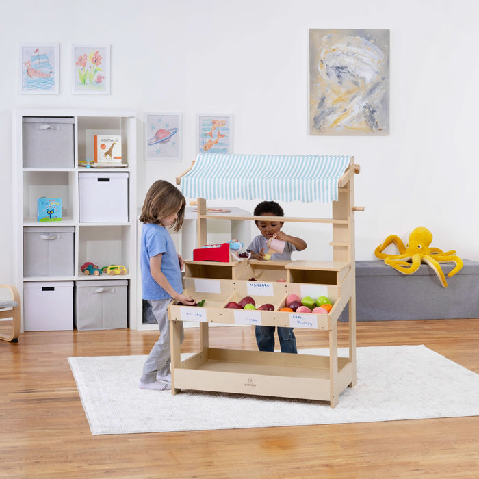 Cypress Wooden Market Stand – Pretend Play Shop for Kids with Storage - Sweatfully