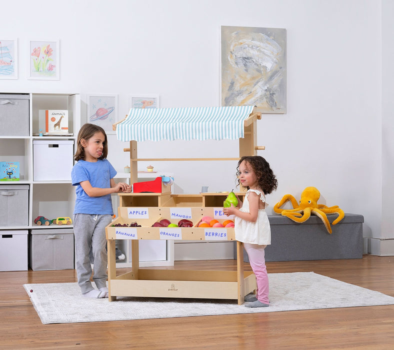 Cypress Wooden Market Stand – Pretend Play Shop for Kids with Storage - Sweatfully
