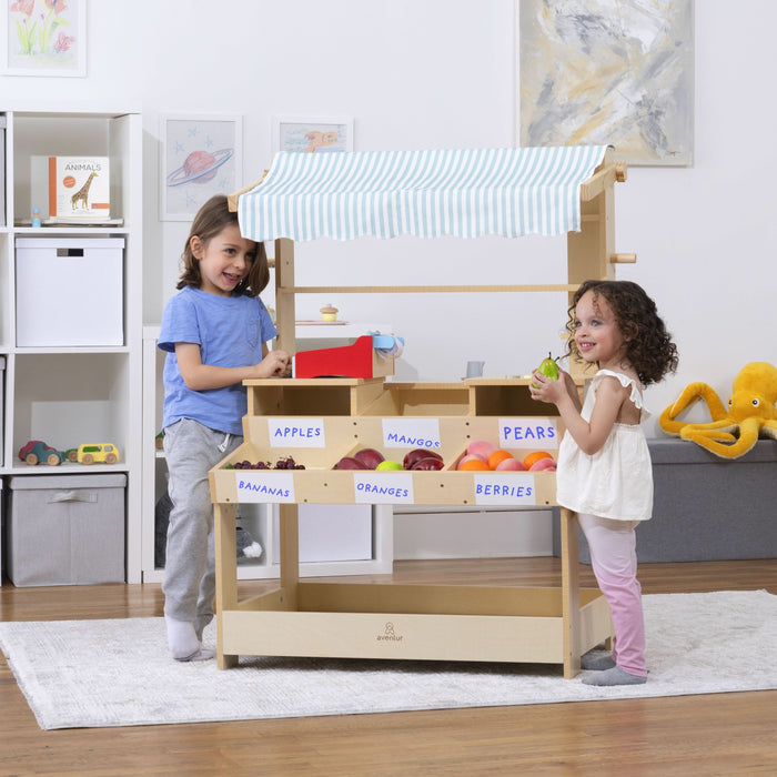 Cypress Wooden Market Stand – Pretend Play Shop for Kids with Storage - Sweatfully