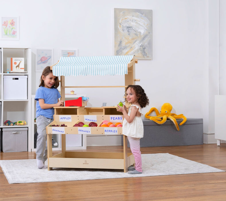 Cypress Wooden Market Stand – Pretend Play Shop for Kids with Storage - Sweatfully