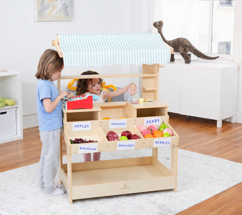 Cypress Wooden Market Stand – Pretend Play Shop for Kids with Storage - Sweatfully