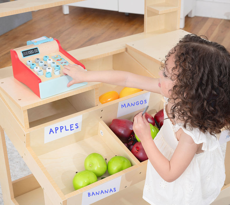 Cypress Wooden Market Stand – Pretend Play Shop for Kids with Storage - Sweatfully