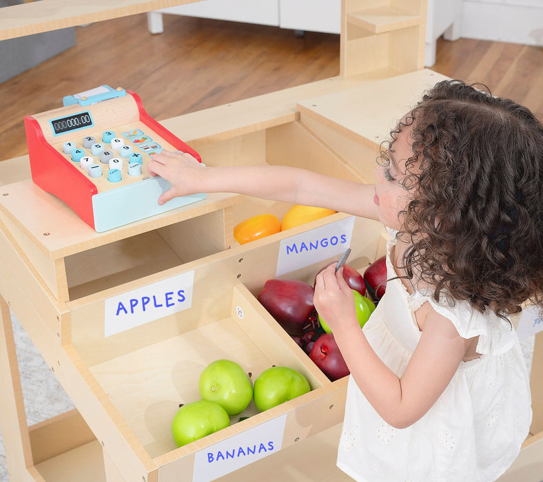 Cypress Wooden Market Stand – Pretend Play Shop for Kids with Storage - Sweatfully