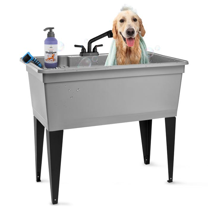 Tehila Freestanding Double-Wide Grey Utility Sink with Steel Legs & Black Pull-Out Faucet, Multi-Purpose Heavy-Duty Laundry Tub and Kitchen Sink for Homes & Business - Sweatfully