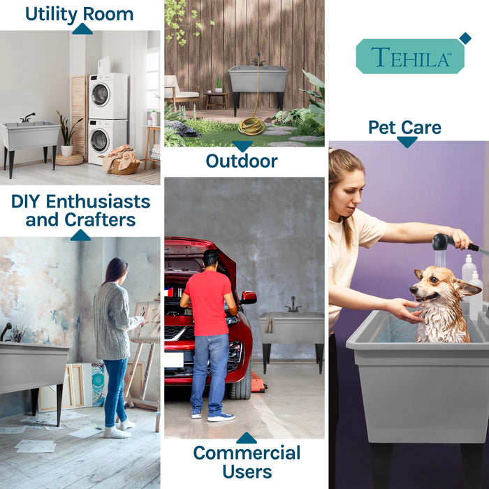 Tehila Freestanding Double-Wide Grey Utility Sink with Steel Legs & Black Pull-Out Faucet, Multi-Purpose Heavy-Duty Laundry Tub and Kitchen Sink for Homes & Business - Sweatfully