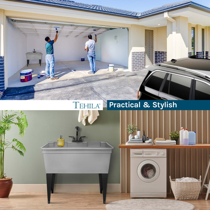 Tehila Freestanding Double-Wide Grey Utility Sink with Steel Legs & Black Pull-Out Faucet, Multi-Purpose Heavy-Duty Laundry Tub and Kitchen Sink for Homes & Business - Sweatfully
