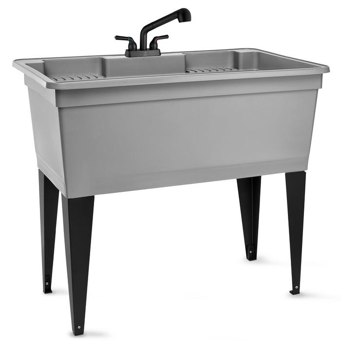 Tehila Freestanding Double-Wide Grey Utility Sink with Steel Legs & Black Pull-Out Faucet, Multi-Purpose Heavy-Duty Laundry Tub and Kitchen Sink for Homes & Business - Sweatfully