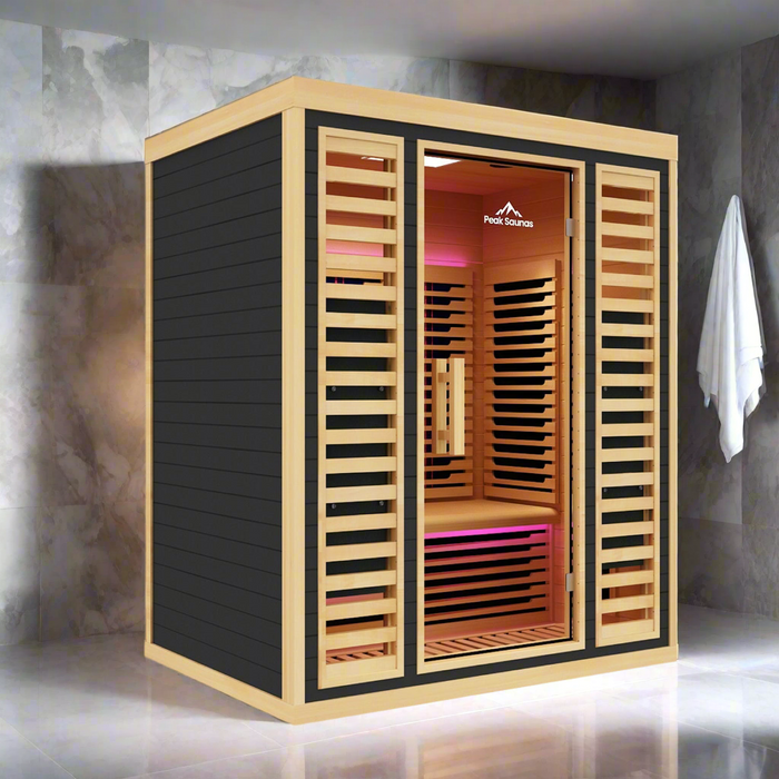 Peak Saunas Denali 3-Person Indoor Full Spectrum Infrared Sauna with Two XL Medical-Grade Red Light Therapy Panels & Smart WiFi App Control - Sweatfully